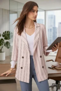 armonika Women's Cream Oversize Double Sleeve Double Breasted Collar Lined Blazer Jacket