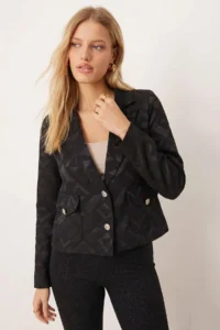 armonika Women's Black Men's Collar Square Pocket Crop Jacket