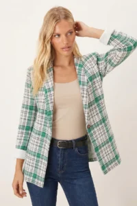 armonika Women's Light Green Shawl Collar Sleeves Garnished Single Button Jacket
