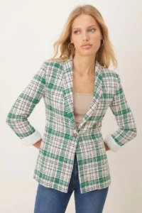 armonika Women's Light Green Shawl Collar Sleeves Garnished Single Button Jacket - Image 2