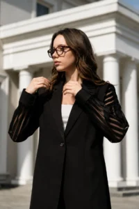 armonika Women's Black Side Lace Padded Oversize Single Button Jacket - Image 2