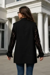 armonika Women's Black Side Lace Padded Oversize Single Button Jacket - Image 3