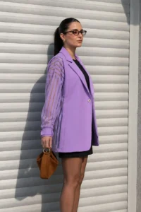 armonika Women's Lilac Side Lace Padded Oversize Single Button Jacket - Image 2