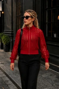 armonika Women's Red Turtleneck Front Zipper Bodice Detailed Glittery Velvet Jacket - Image 2