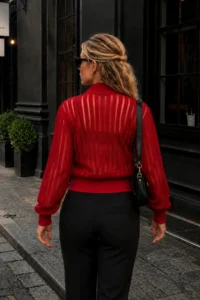 armonika Women's Red Turtleneck Front Zipper Bodice Detailed Glittery Velvet Jacket - Image 3