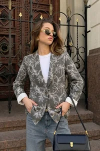 armonika Women Khaki Patterned Single Button Jacket