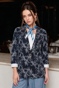 armonika Women's Navy Blue Patterned Single Button Jacket