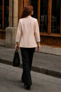 armonika Women's Beige Shawl Collar Quarter Sleeve Sleeves Polka Dot Cuffed Buttonless Jacket - Image 2