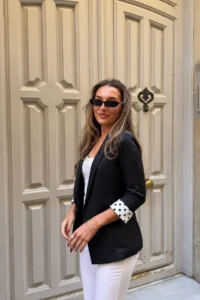 armonika Women's Black Shawl Collar Quarter Sleeve Sleeves Polka Dot Cuffed Buttonless Jacket