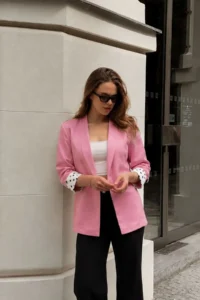 armonika Women's Pink Shawl Collar Quarter Sleeve Sleeves Polka Dot Cuffed Buttonless Jacket