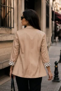 armonika Women's Stone Shawl Collar Quarter Sleeve Sleeves Polka Dot Cuffed Buttonless Jacket - Image 2