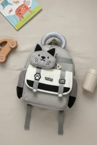 VEIBAG  4 Compartment Kindergarten Bag with Cat Detail - Water Bottle Pocket and Comfortable Design - Gray - Image 6
