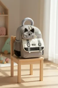 VEIBAG  4 Compartment Kindergarten Bag with Cat Detail - Water Bottle Pocket and Comfortable Design - Gray - Image 7