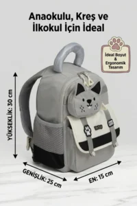 VEIBAG  4 Compartment Kindergarten Bag with Cat Detail - Water Bottle Pocket and Comfortable Design - Gray - Image 8