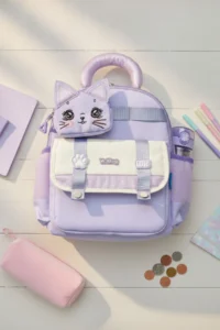 VEIBAG  3 Compartment Kindergarten Bag with Cat Detail - Water Bottle Pocket and Comfortable Design - Lilac - Image 5