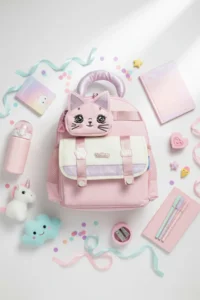 VEIBAG  4 Compartment Cat Detailed Kindergarten Bag - Comfortable Design with Water Bottle Pocket, Pink - Image 5
