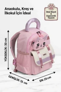 VEIBAG  4 Compartment Cat Detailed Kindergarten Bag - Comfortable Design with Water Bottle Pocket, Pink - Image 7