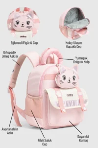 VEIBAG  4 Compartment Cat Detailed Kindergarten Bag - Comfortable Design with Water Bottle Pocket, Pink - Image 8