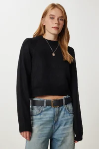 Happiness İstanbul Women Black Basic Crop Knitwear Sweater - Image 2