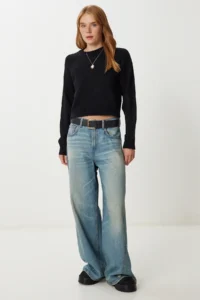 Happiness İstanbul Women Black Basic Crop Knitwear Sweater - Image 3