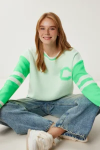 Happiness İstanbul Women Green Contrast Colorful Knitwear Sweater