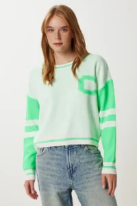 Happiness İstanbul Women Green Contrast Colorful Knitwear Sweater - Image 2
