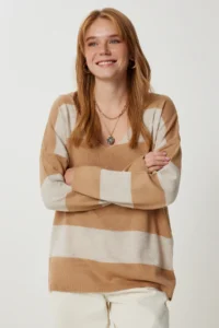 Happiness İstanbul Women's Camel Stone Striped Oversize Knitwear Sweater - Image 2