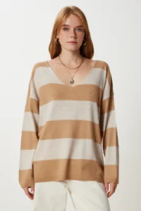 Happiness İstanbul Women's Camel Stone Striped Oversize Knitwear Sweater - Image 3