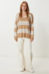 Happiness İstanbul Women's Camel Stone Striped Oversize Knitwear Sweater - Image 4