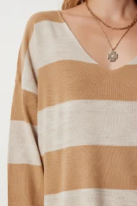 Happiness İstanbul Women's Camel Stone Striped Oversize Knitwear Sweater - Image 5