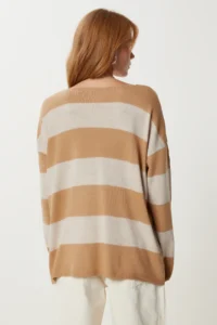Happiness İstanbul Women's Camel Stone Striped Oversize Knitwear Sweater - Image 6