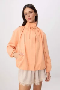 TRENDYOLMİLLA Orange Oversized Stand Collar linen look Bomber Jacket Coat - Image 6