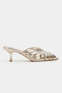 Nisantasi Shoes Rosie Gold Metallic Burnu Light Detailed Kafesli Women Heels Slippers