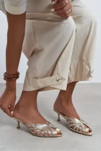 Nisantasi Shoes Rosie Gold Metallic Burnu Light Detailed Kafesli Women Heels Slippers - Image 2