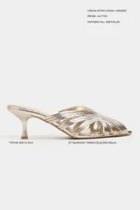 Nisantasi Shoes Rosie Gold Metallic Burnu Light Detailed Kafesli Women Heels Slippers - Image 3
