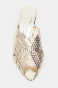 Nisantasi Shoes Rosie Gold Metallic Burnu Light Detailed Kafesli Women Heels Slippers - Image 4