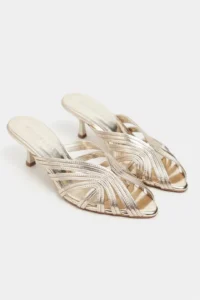 Nisantasi Shoes Rosie Gold Metallic Burnu Light Detailed Kafesli Women Heels Slippers - Image 6