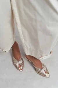 Nisantasi Shoes Rosie Gold Metallic Burnu Light Detailed Kafesli Women Heels Slippers - Image 7