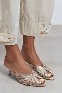 Nisantasi Shoes Rosie Gold Metallic Burnu Light Detailed Kafesli Women Heels Slippers - Image 8