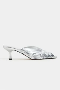 Nisantasi Shoes Rosie Silver Metallic Burnu Light Detailed Kafesli Women Heels Slippers