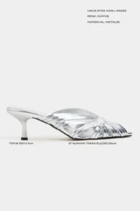 Nisantasi Shoes Rosie Silver Metallic Burnu Light Detailed Kafesli Women Heels Slippers - Image 3