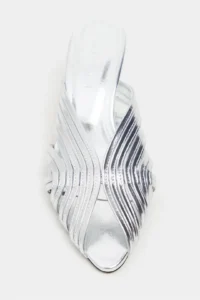 Nisantasi Shoes Rosie Silver Metallic Burnu Light Detailed Kafesli Women Heels Slippers - Image 4