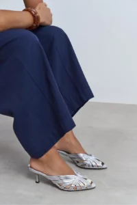 Nisantasi Shoes Rosie Silver Metallic Burnu Light Detailed Kafesli Women Heels Slippers - Image 7
