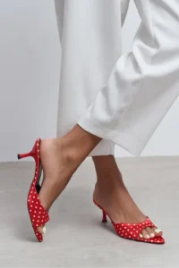 Nisantasi Shoes PROMISE Red Puantiye Patterned Pointed toe Women Thin Heels Slippers - Image 2