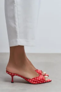 Nisantasi Shoes PROMISE Red Puantiye Patterned Pointed toe Women Thin Heels Slippers - Image 7