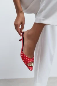 Nisantasi Shoes PROMISE Red Puantiye Patterned Pointed toe Women Thin Heels Slippers - Image 8