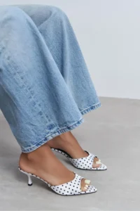 Nisantasi Shoes PROMISE WHITE Puantiye Patterned Pointed toe Women Thin Heels Slippers - Image 7