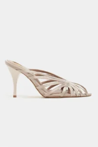 Nisantasi Shoes JUDITH Dark BEIGE Satin Burnu Light Detailed Kafesli Women Heels Slippers