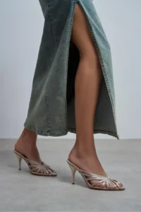 Nisantasi Shoes JUDITH Dark BEIGE Satin Burnu Light Detailed Kafesli Women Heels Slippers - Image 2