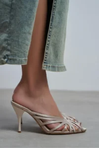 Nisantasi Shoes JUDITH Dark BEIGE Satin Burnu Light Detailed Kafesli Women Heels Slippers - Image 8